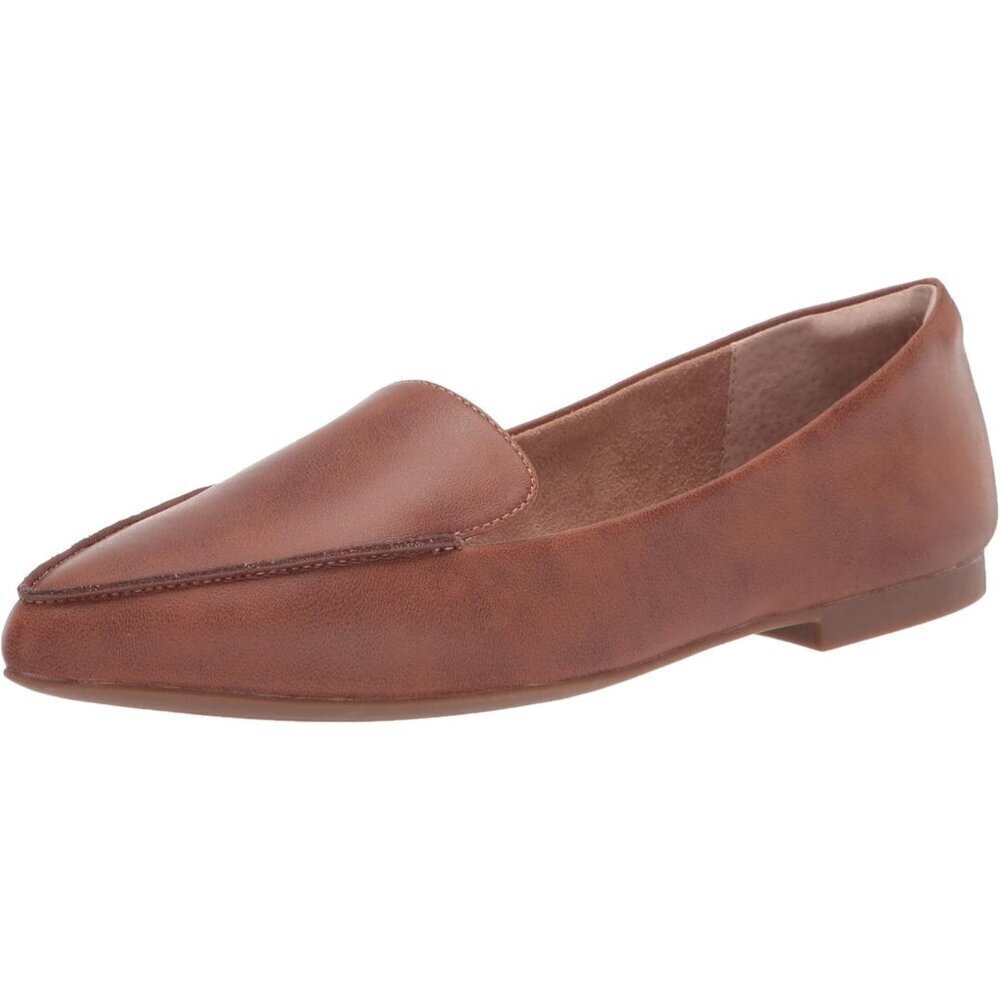 Womens Tan Pu Faux Leather Closed Pointed Toe Low Wedge Heels Loafer Flat